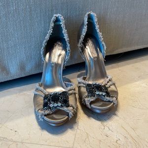 BCBG Satin Peep Toe With Black Removable Embellishment